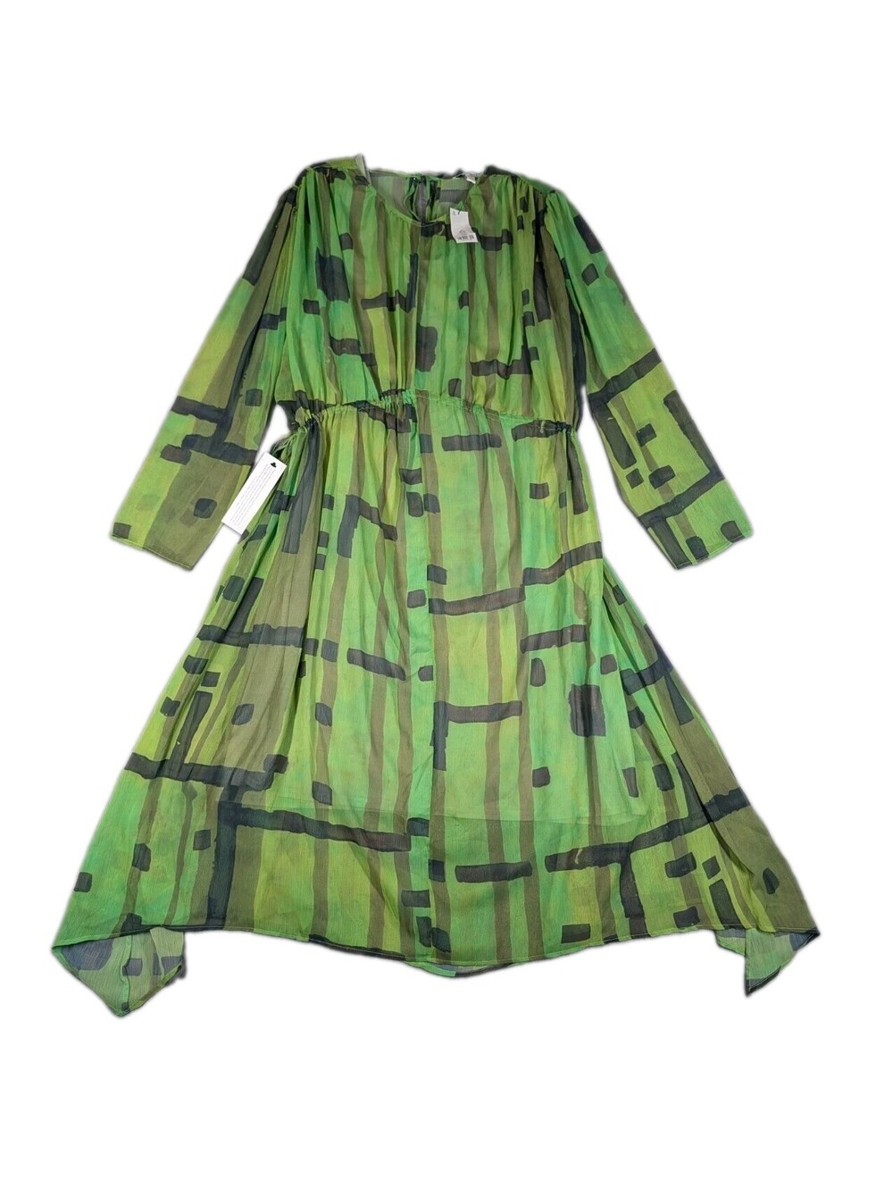 Topshop NWT Womens US 4/6 Green Abstract Midi Dress Sheer Boho Tie Waist Chic